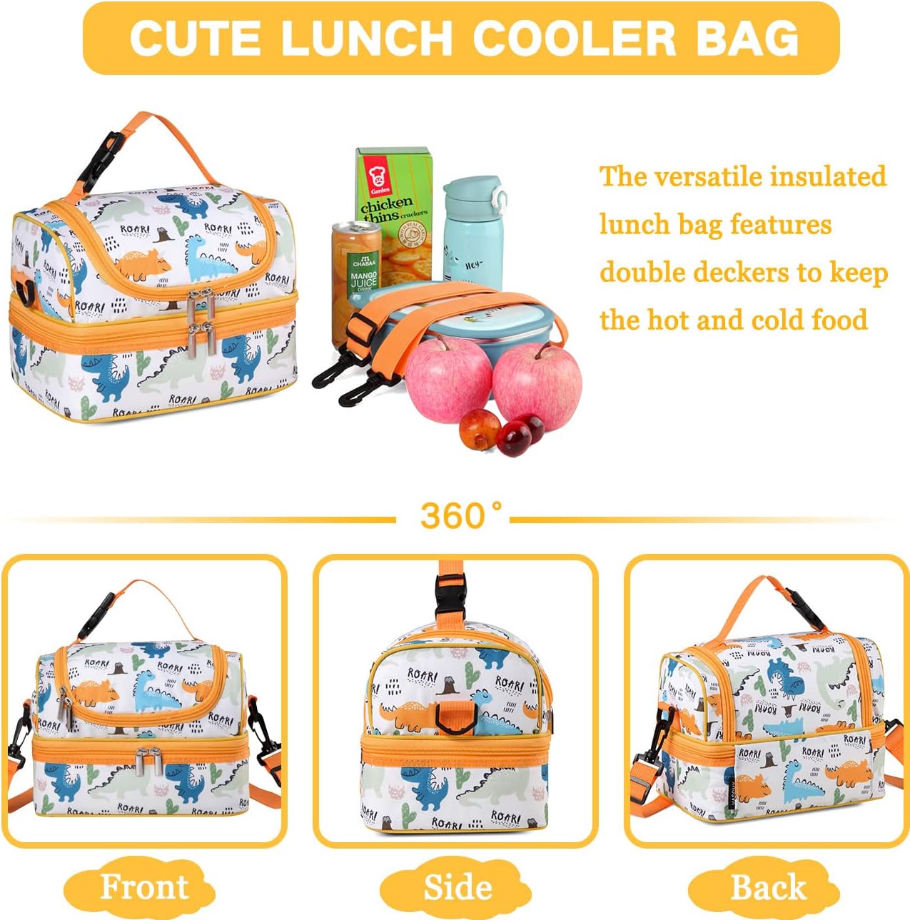 VASCHY Lunch Box Bag Men, Insulated Two Compartments Bento Cooler Bags for Adults/Women/Kids for School,Daycare,Kindergarten,Picnic Black