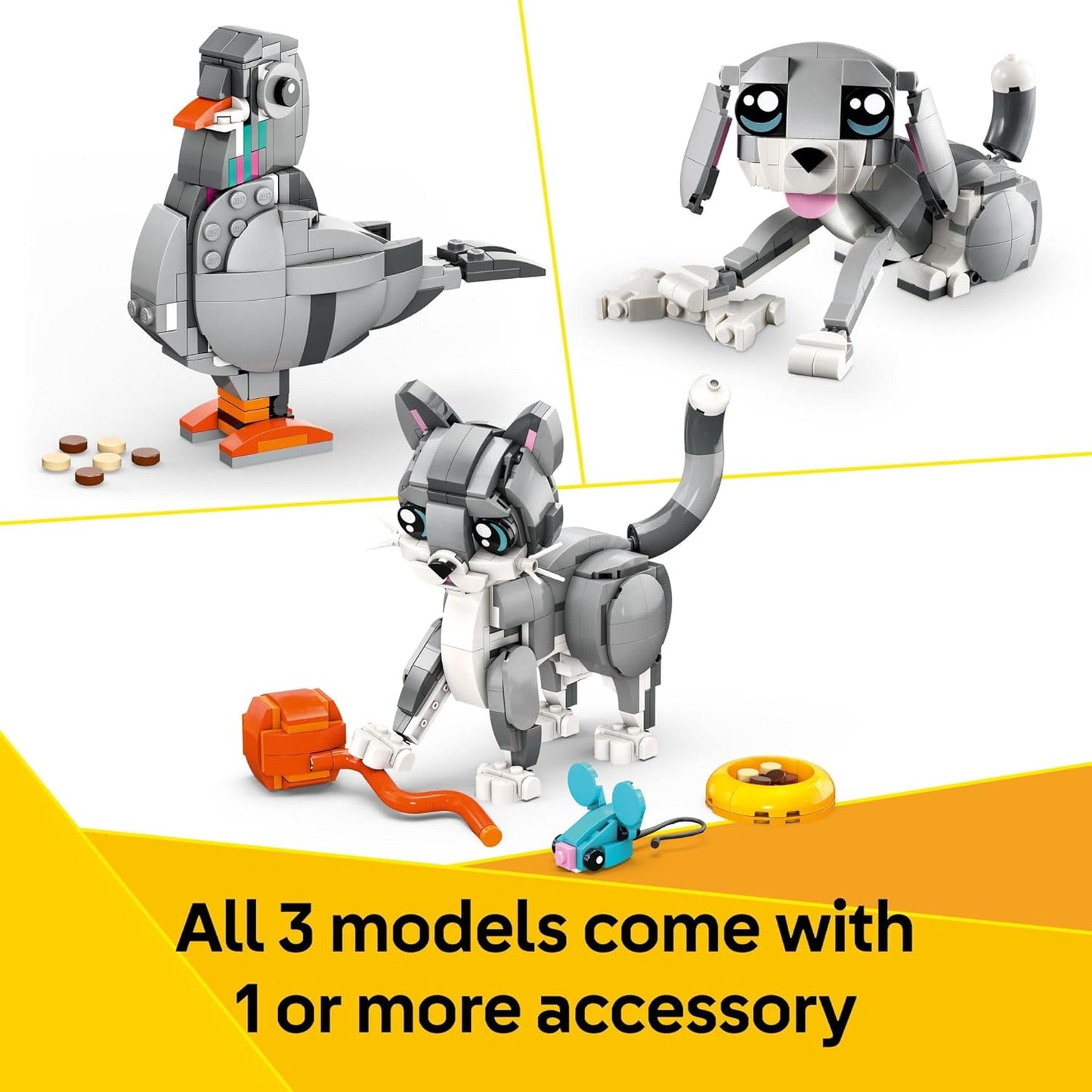 LEGO Creator 3 in 1 Playful Cat Toy - Building Toy with 3 Building Options, Cat, Dog, or Pigeon - Animal Figures for Kids, Girls and Boys, Ages 8+ - Gift Idea for Birthday - 31163