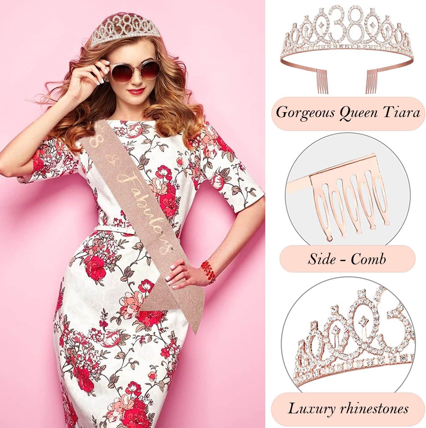 8pcs 40th Birthday Decorations gifts for Women, Including 40th Happy Birthday Cake Topper, Queen Sash with Pearl Pin, Sweet Rhinestone Tiara Crown for Women, Number Candles and Balloons (Rose Gold)