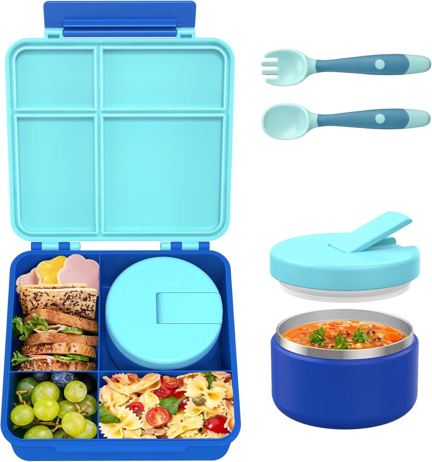 Bento Lunch Box for Kid with 7oz Soup Jar, Leak-Proof Lunch Box with Cutlery, 4-Compartments Lunch Container for School Outdoors Office