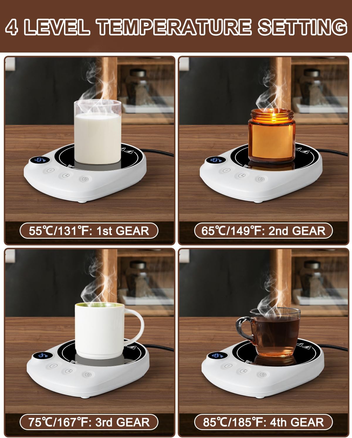 MYMULIKE Mug Warmer, Coffee Mug Warmer for Desk with 4 Temperature Settings (55℃/65℃/75℃/85℃), Coffee Warmer with Auto Shut Off, 1-12 Hour Timer, Desk Accessories for Office/Home