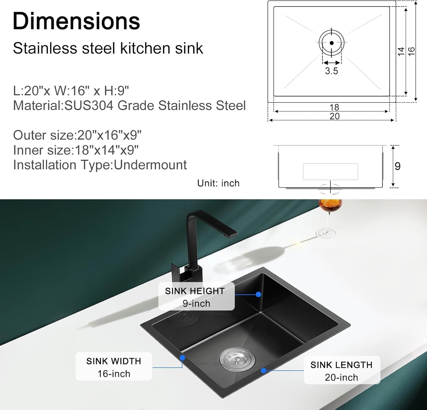 MENATT 20-inch Undermount Kitchen Sink, SUS304 Stainless Steel Handmade Single Bowl Kitchen Sink with Sink Strainer (Brushed), 20"x16"x9"