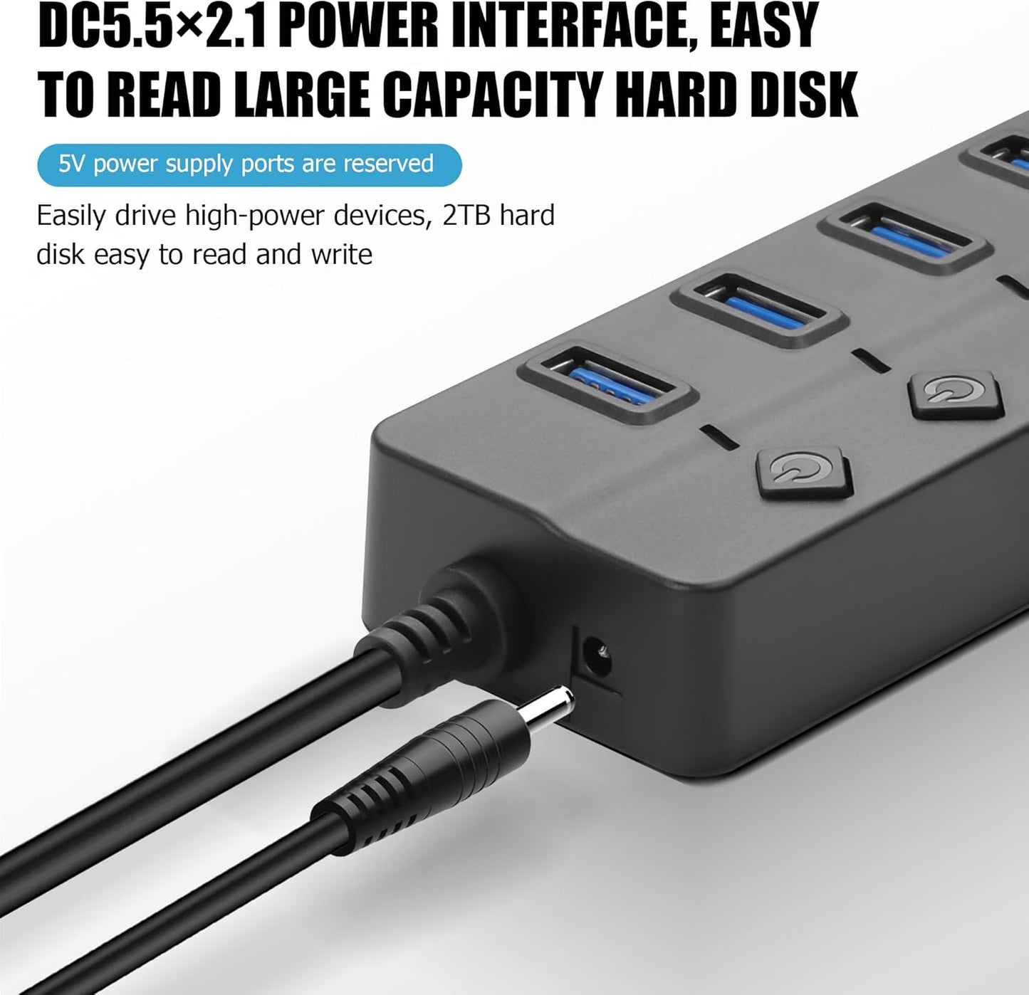 90 Degree USB Hub Splitter YACSEJAO USB 2.0 Data Hub with Individual LED Button On/Off Switch DC5.5 * 2.1 Power Port for Laptop,PC Computer (7 Ports, 0.3M)
