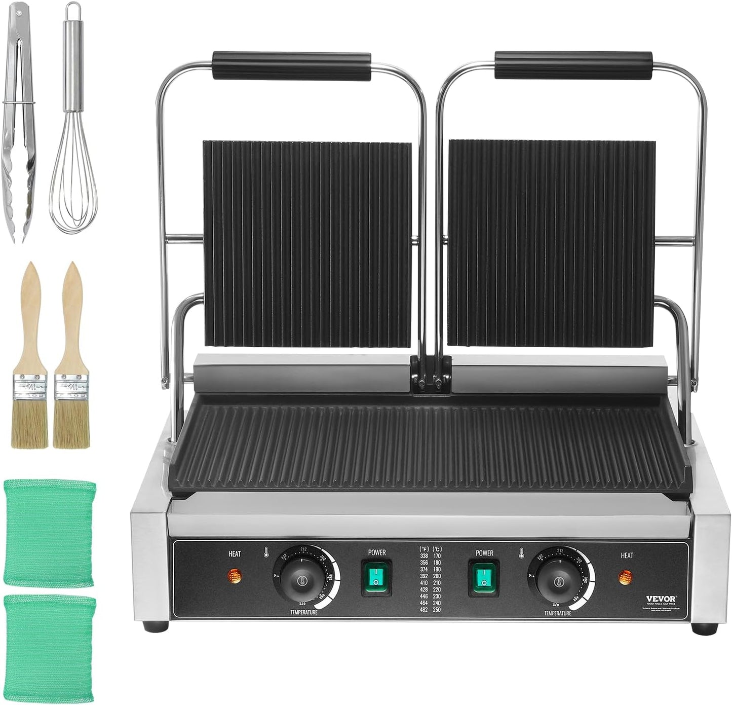 VEVOR 7 IN 1 Electric Contact Grill,1800W Indoor Panini Press Griddle,Stainless Steel Teppanyaki Grill with Nonstick&Removable Iron Plate, 0-446℉ Adjustable Temp Control,LCD Display,110V