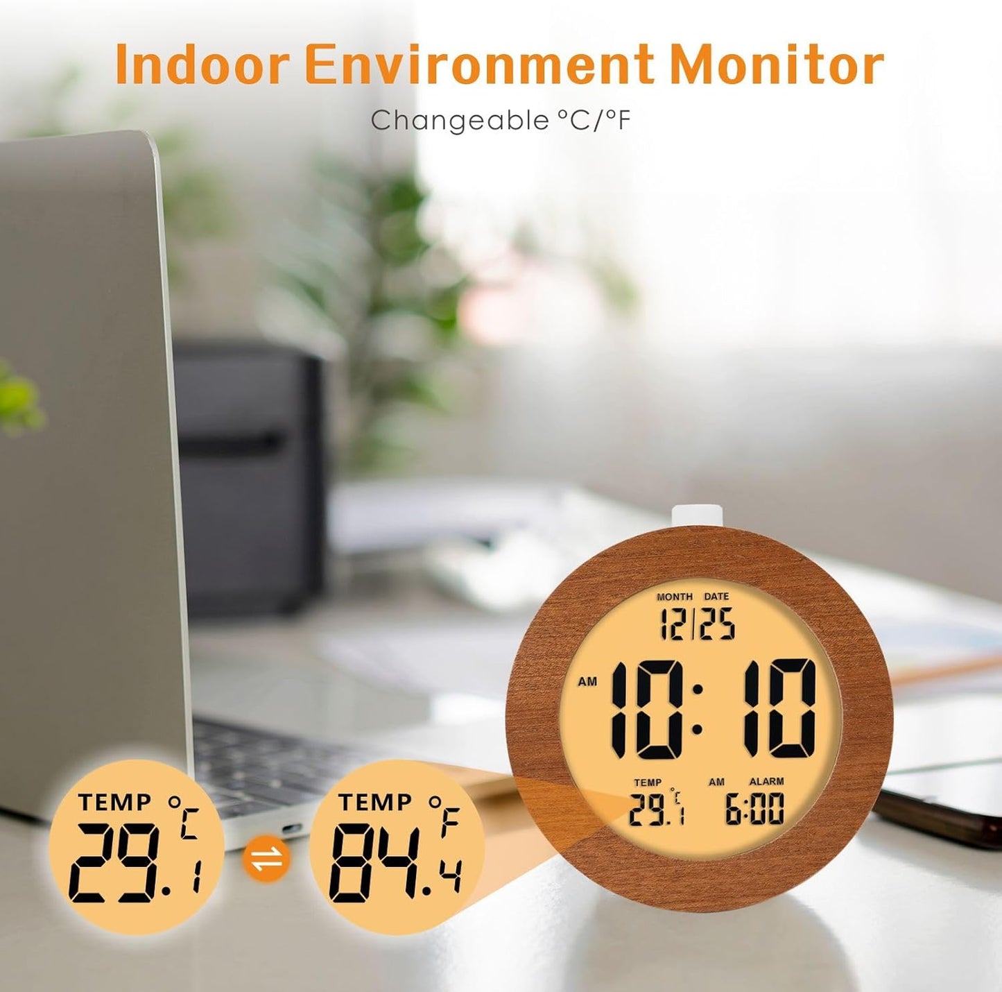 Plumeet Wooden Digital Alarm Clock for Bedrooms, Wood 4'' Battery Powered Alarm Clock with Snooze and Nightlight, Electronic LCD Desk Clock Display Time, Date, Temp, 12/24H, Wood Décor (Sapele, 3.2'')