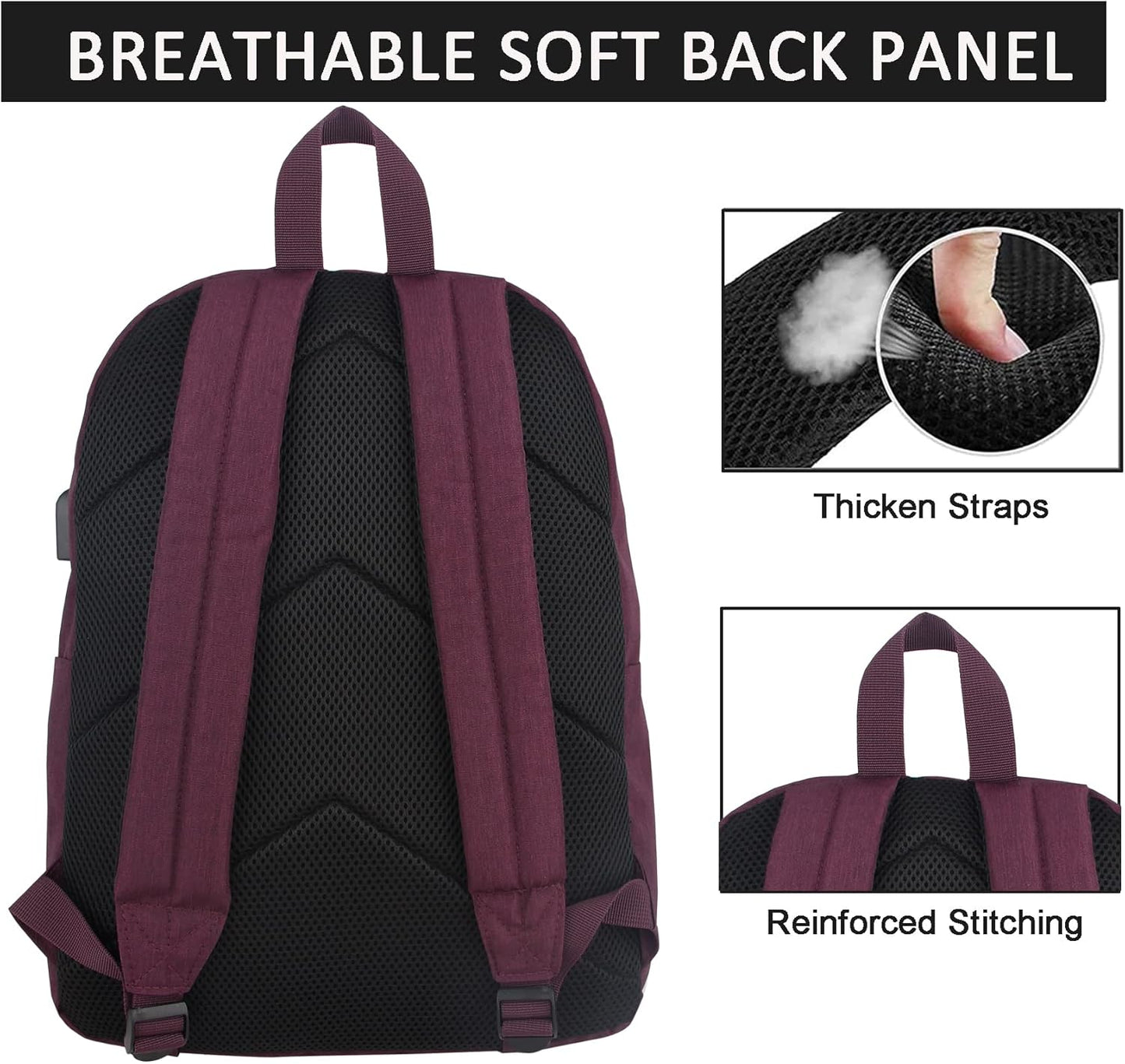 SUPACOOL Casual Laptop Backpack with USB Charging Port for Men and Women, School Bookbag for College, Lightweight Pack Back(Dark Black)