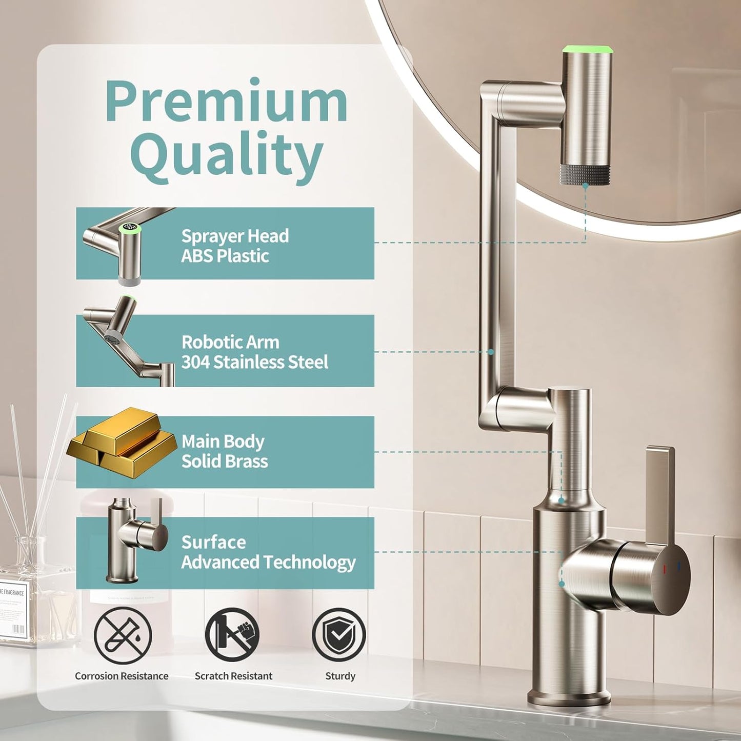 EAARSUO Single Hole Rotatable Bathroom Faucet with Temperature Display, Single Handle Modern Rotating Bathroom Sink Faucet 1 Hole, 1080 Degree Swivel Faucet with 2 Water Outlet Modes (Black)