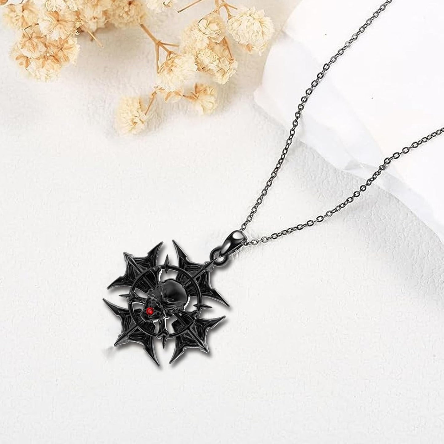 Reaii Skull Necklace, Sterling Silver, Garnet