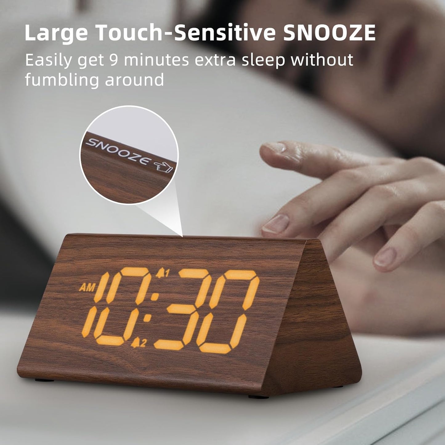 Odokee Wooden Digital Alarm Clock for Bedroom: Electric Desk Clock with Large LED Display - Brown