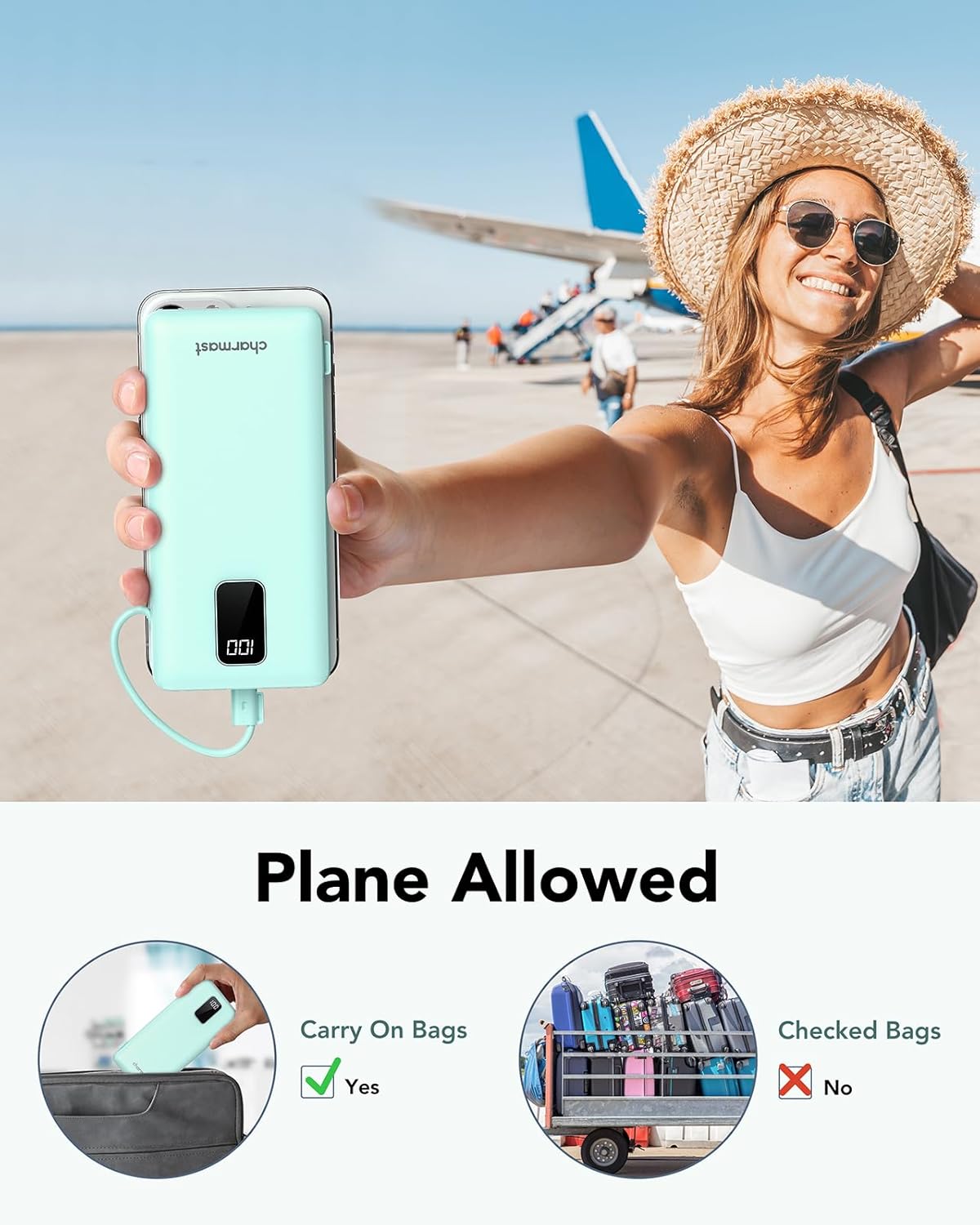 Charmast 10000mAh Portable Charger with Built-in Cables and AC Wall Plug,USB C Battery Pack Power Bank,5 Output 2 Input Battery Pack Compatible with iPhone 16/15/14/13/12,Andriod Series