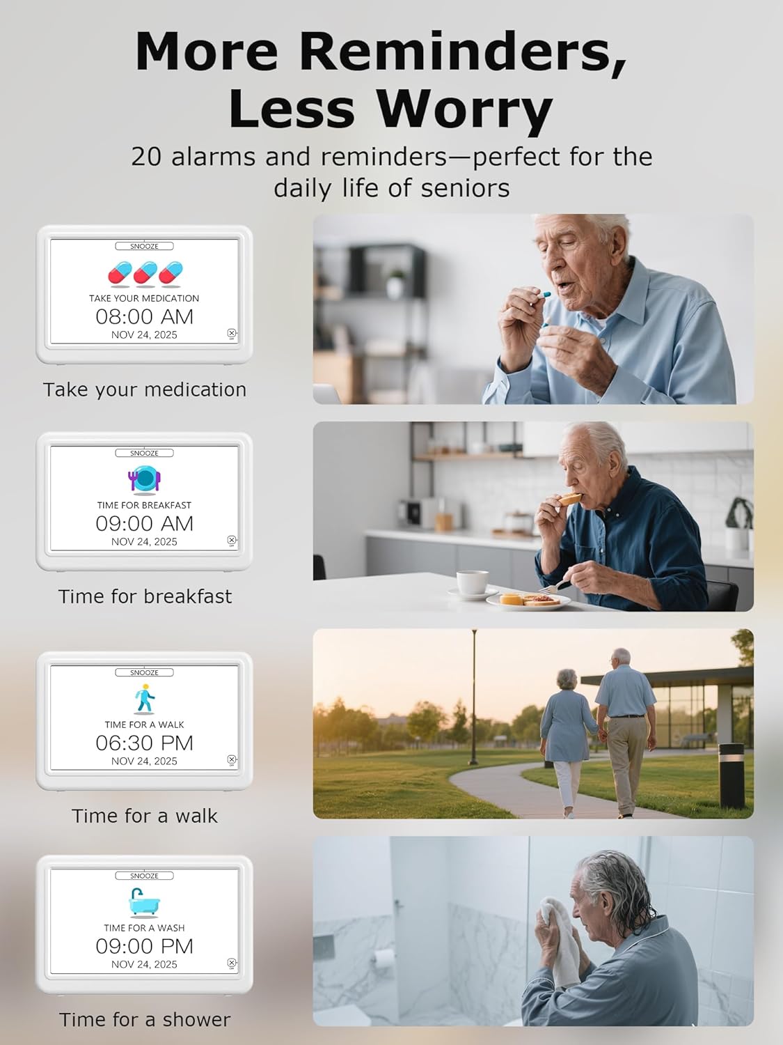 10.1'' Large Display Dementia Clock for Seniors, Calendar Clock with Remote Control,12 Themes, 20 Alarms, 20 Reminders, 6 Languages, Auto Dimming, 12/24 Hours, Indoor Temperature, Humidity