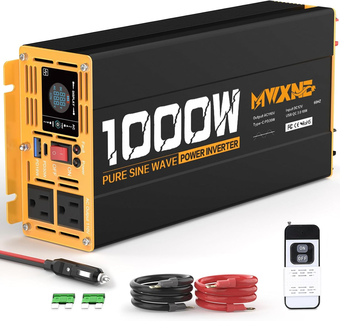 MWXNE 2000W Pure Sine Wave Inverter 12V DC to 110V 120V AC Car Converter for RV Truck Off-Grid Solar Power Inverter with 4 AC Outlets, USB/Type-C Fast Charging Ports, LCD Display, Remote Control