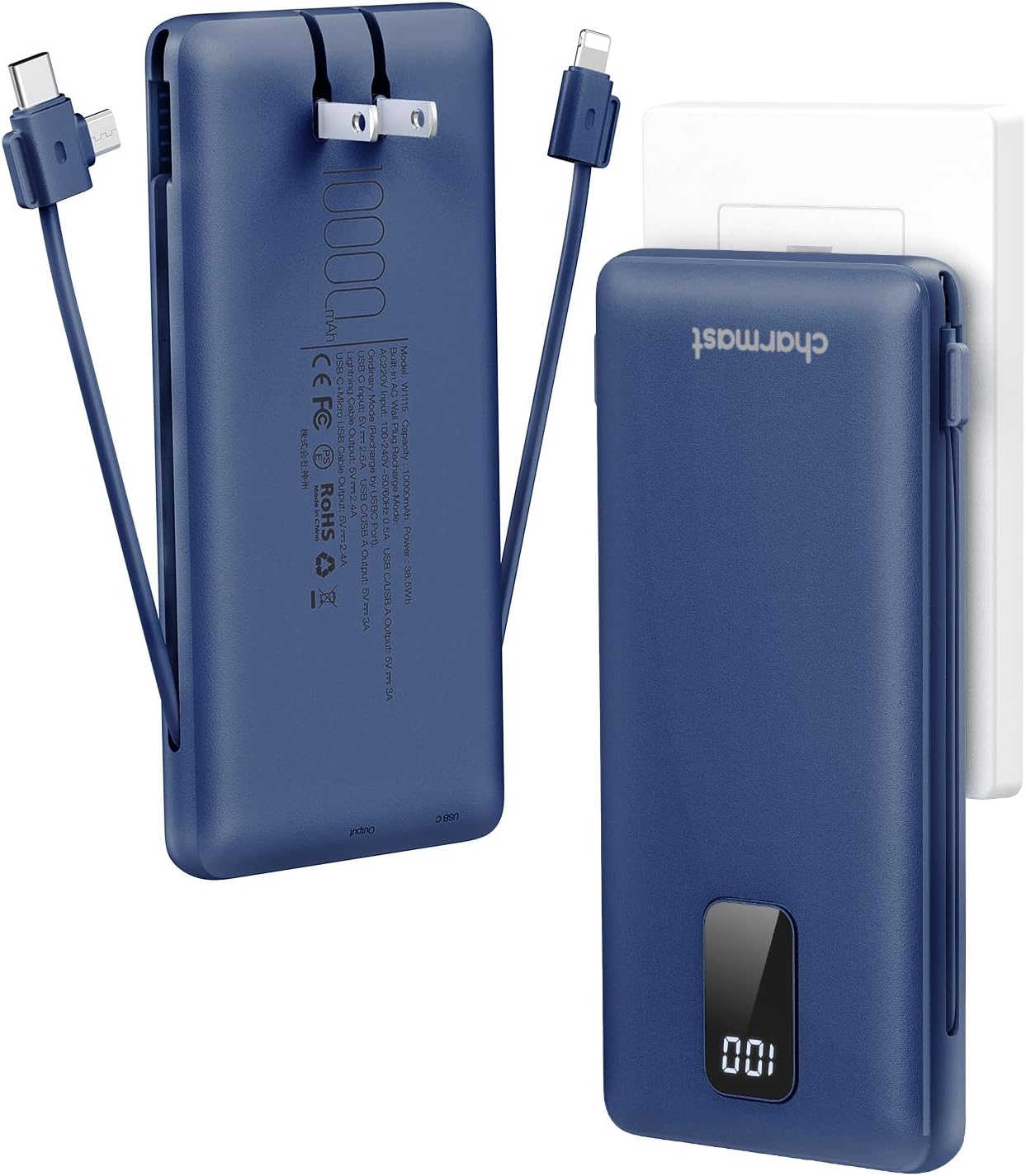 Charmast 10000mAh Portable Charger with Built-in Cables and AC Wall Plug,USB C Battery Pack Power Bank,5 Output 2 Input Battery Pack Compatible with iPhone 16/15/14/13/12,Andriod Series