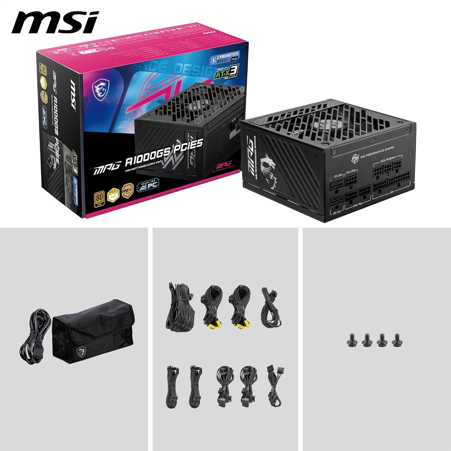 MSI MPG A1250GS PCIE5, 80 Plus Gold Full Modular 1250W Power Supply, 12V-2x6 Cable, ATX 3.1 & PCIE 5.1 Ready