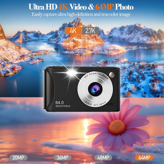 4K Digital Camera for Photography, 64MP Autofocus Vlogging Camera for YouTube, Anti-Shake, LED Screen, 18X Zoom, Point and Shoot Digital Camera for Teens Adult Beginner, 32GB High-Speed SD Card - PuriLite