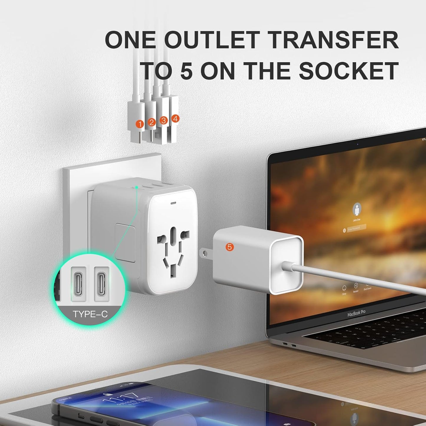 VYLEE Universal Travel Adapter, 65W Fast GaN International Power Adapter, 3PD USB-C+1QC USB-A European Travel Plug Adapter, US, UK, EU, AU Worldwide Travel Charger for Laptops, Tablets, Phones