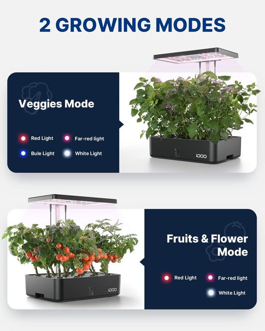 iDOO Hydroponics Growing System Kit 12Pods, Christmas Gifts for Women Men, Herb Garden Indoor with LED Grow Light for Home, Built-in Fan, Auto-Timer, Adjustable Height Up to 11.3", 12Pods WiFi-Black