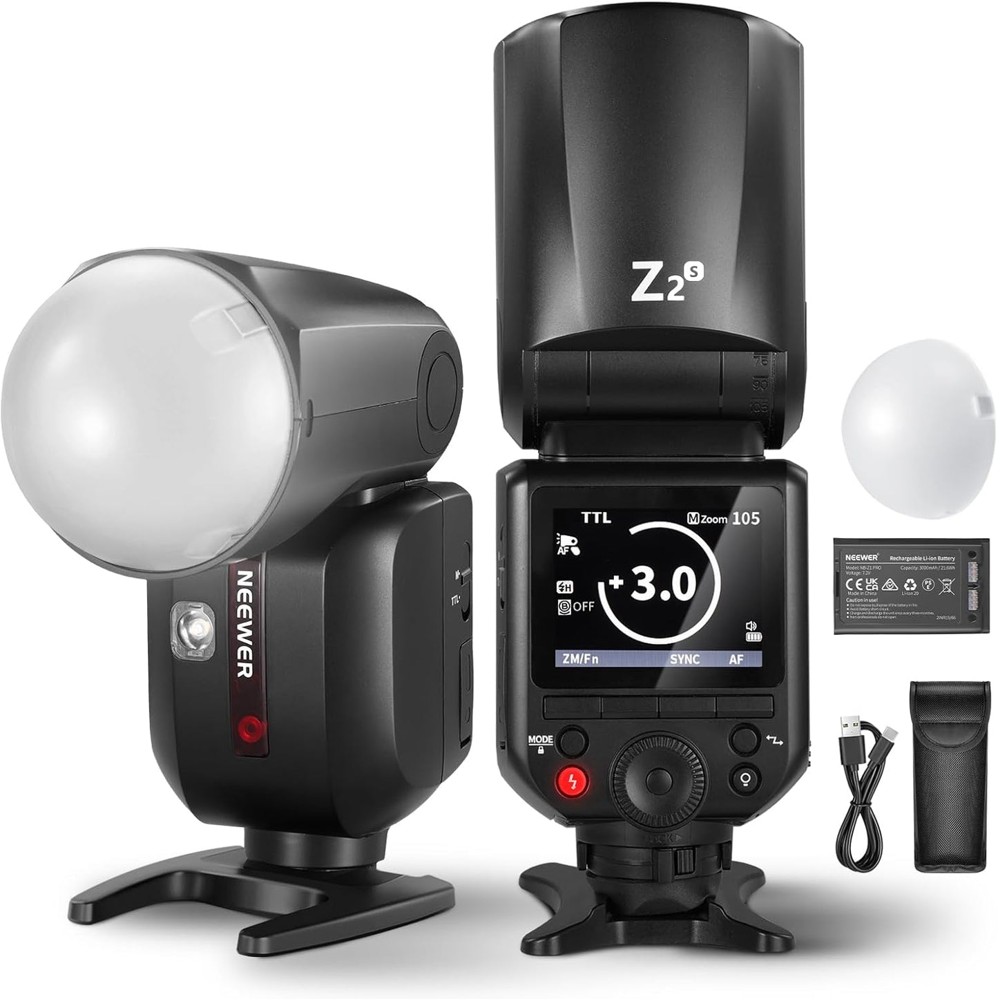 NEEWER Z2-N 2.4G TTL Round Head Flash Speedlite Compatible with Nikon Cameras, 76Ws 1/8000s HSS with Diffuser, 2 Modeling Lamps, Upgraded UI, TTL/M Toggle Key, 3000mAh Battery, 600 Full Power Flash