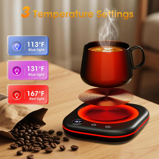 Coffee Cup Warmer Mug Warmer for Desk, New Upgrade Coffee Warmer with LED Light, 3 Temperature Control and 1-12H Timer Smart Mug Warmer for Heating Coffee Milk Tea Beverage and Hot Chocolate(Black) - PuriLite