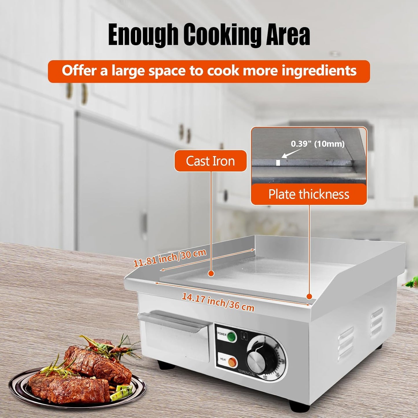 ExGizmo 22" Commercial Electric Griddle,Electric Countertop Flat Top Griddle,110V 1600W Electric Flat Top Grill,Non-Stick Restaurant Teppanyaki Stainless Steel Grill,Adjustable Temperature Control