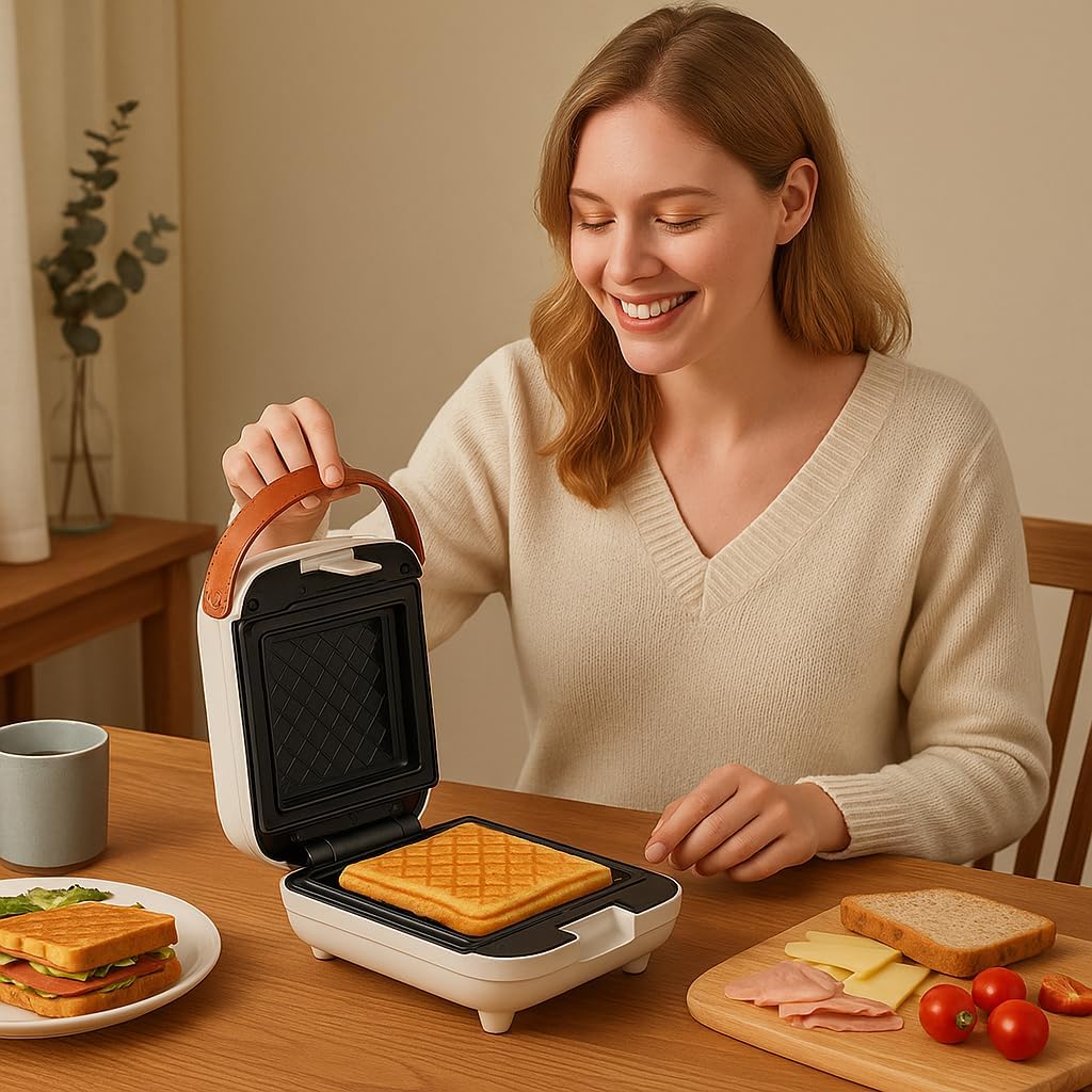 White 3 in 1 timing Sandwich Maker with Non-Stick Plates Indicator Lights and Lock Feature 600W Electric Panini Press, Pizza Pockets, Quesadillas, Waffle Breakfast Grilled Cheese Egg Bacon