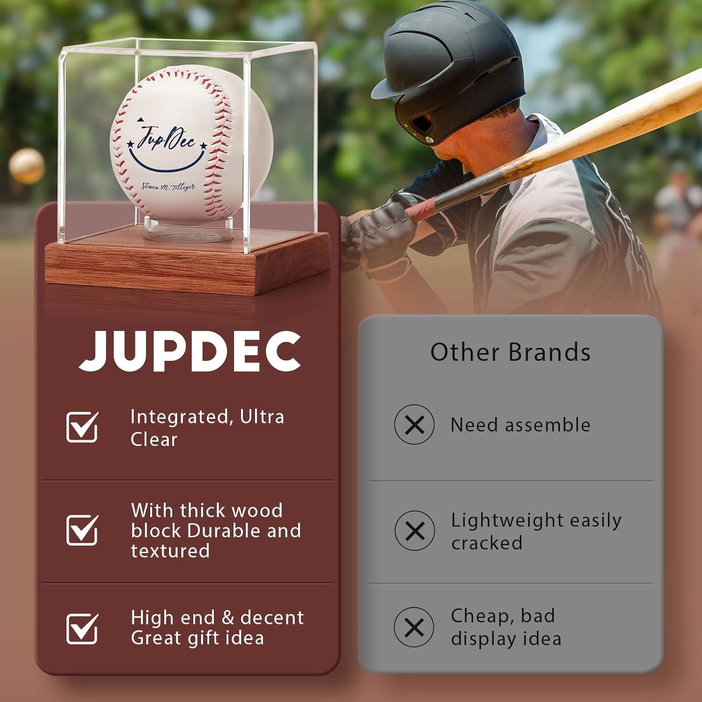 JupDec Baseball Display Case, Clear Cube Baseball Holder with Wooden Base, Autograph Baseball Stand Box for Single Ball, Acacia Wood, Brown, 1 Pack