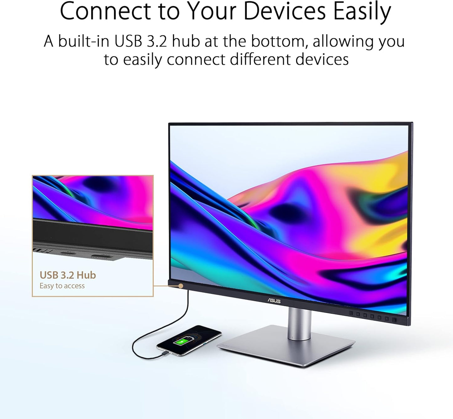 ASUS ProArt Display 27" Monitor PA278CV - WQHD (2560 x 1440), IPS, 100% sRGB, 100% Rec. 709, ΔE < 2, Calman Verified, USB Hub, USB-C, DisplayPort Daisy-Chaining, HDMI, Eye Care, Height Adjustable , BLACK/SLIVER