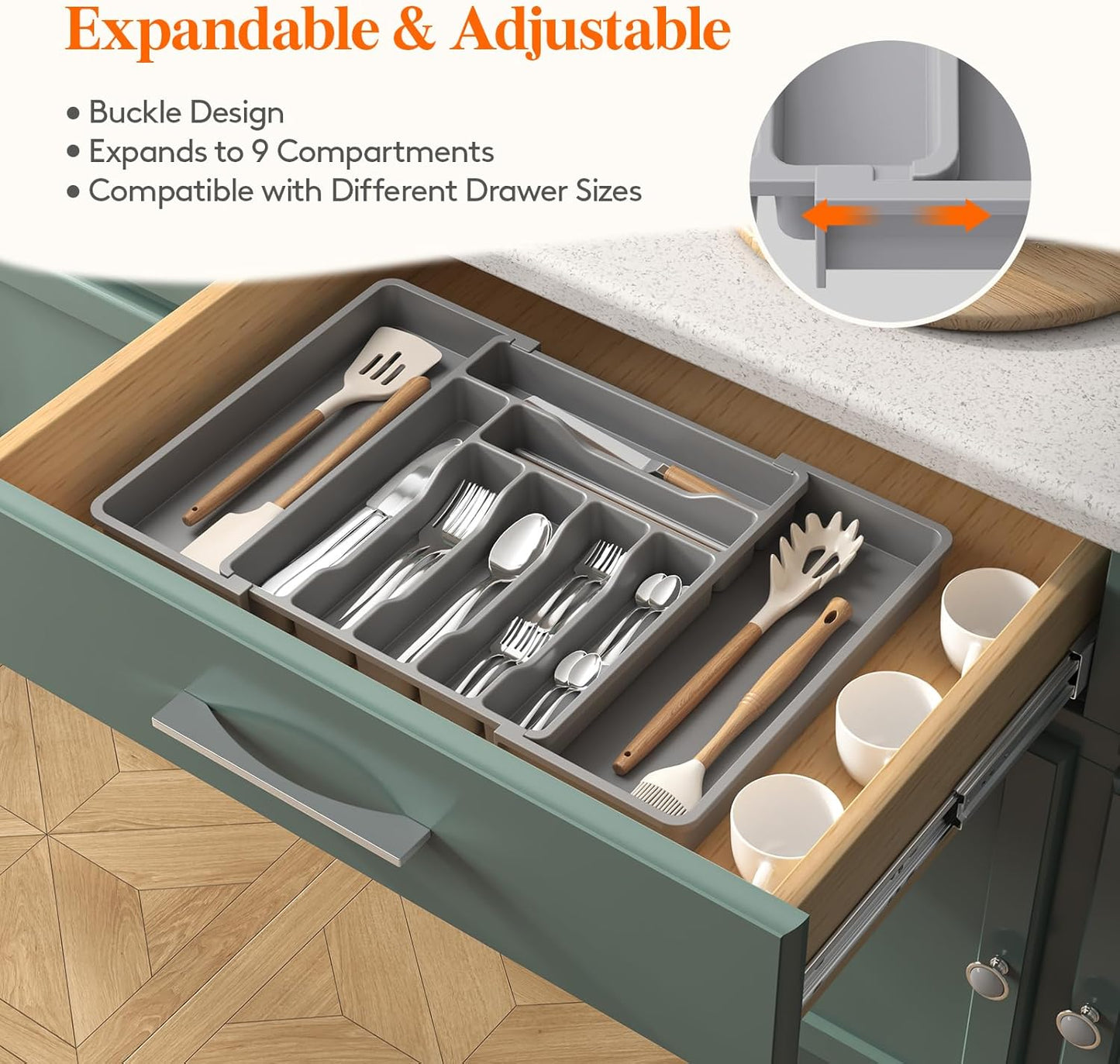 Lifewit Cutlery Organizer, Expandable Utensil Organizer for Kitchen, Utensil Holder, Adjustable Cutlery Rack Organizer for Spoons, Knives, Kitchen Organizers and Storage, Black