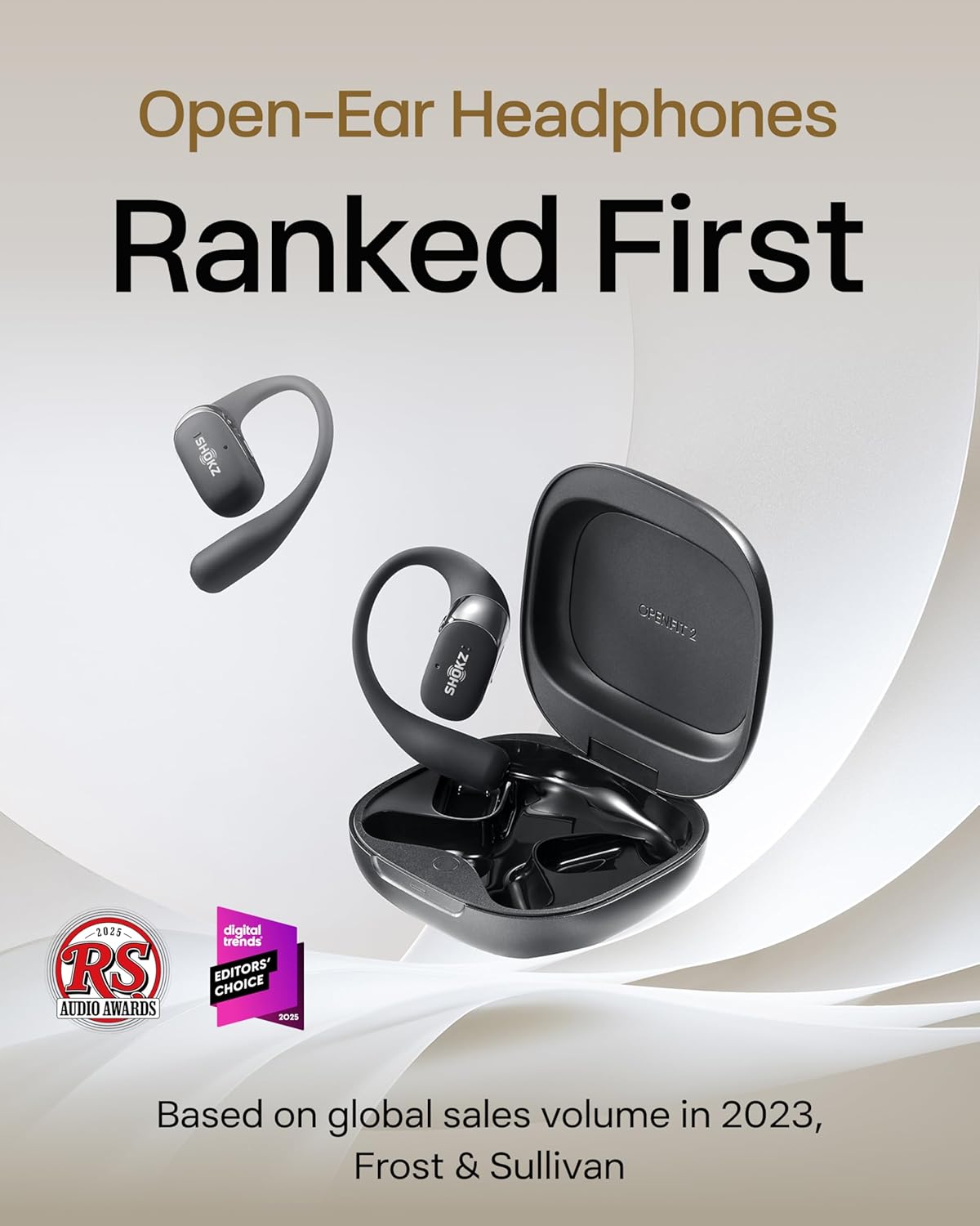 New SHOKZ OpenFit 2 Open-Ear Headphones, True Wireless Bluetooth Earphones with Microphone, Earhook Earbuds with 48 Hours of Playtime, Fast Charging, IP55 Water-Resistant, with Carrying Bag, Black