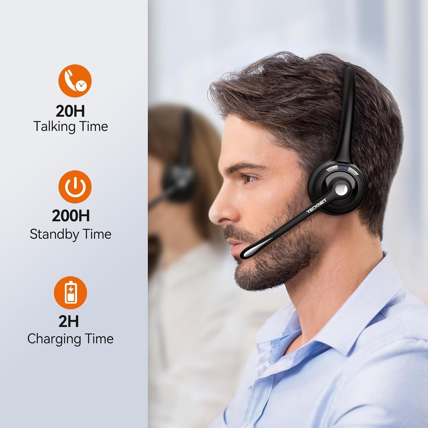 TECKNET Wireless Headset, Bluetooth Headphones with Noise Cancelling Microphone for Trucker, Hand Free Wireless Headset with Mute Mic for Cellphone/PC/Home/Office/Call Center