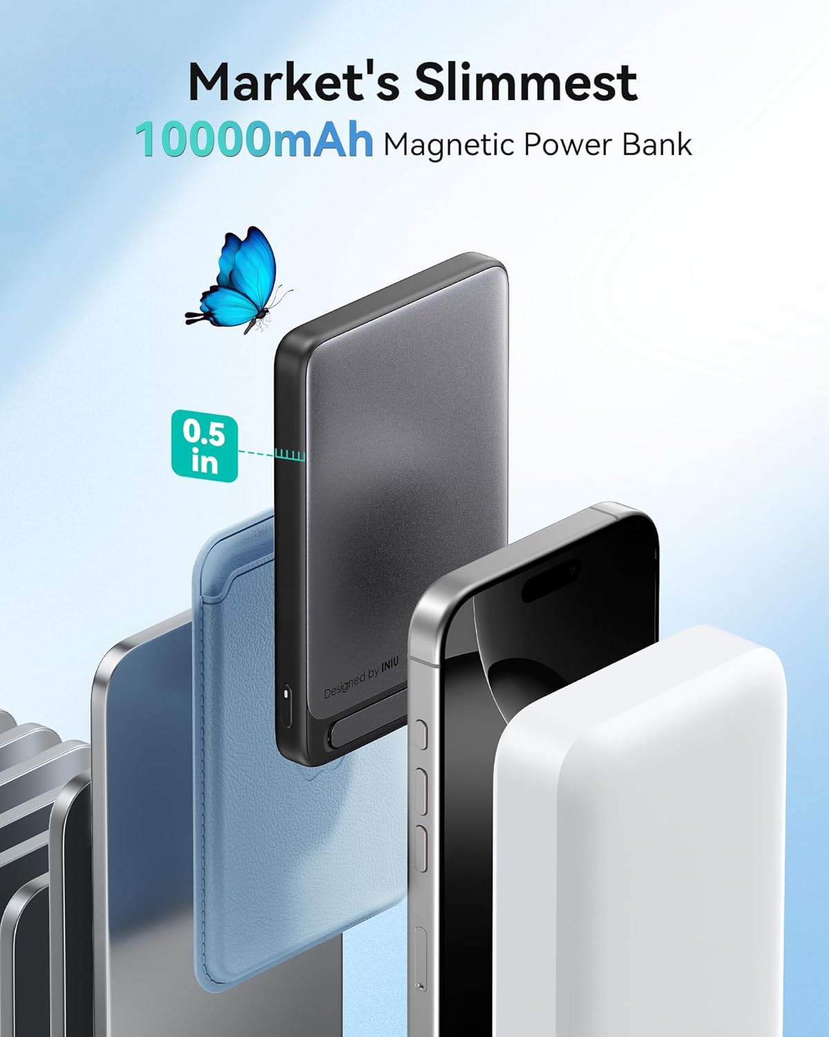 INIU for Portable Charger, Ultra Slim Qi2 Certified 10000mAh 45W Magnetic Power Bank, USB C in&Out Wireless Battery Pack with Foldable Stand, Phone Charger Only for iPhone 16/15/14/13/12 Series, Blue