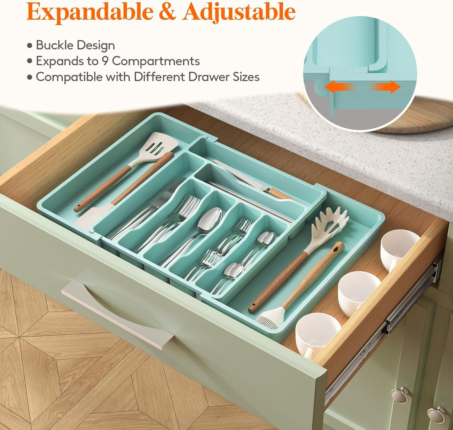 Lifewit Cutlery Organizer, Expandable Utensil Organizer for Kitchen, Utensil Holder, Adjustable Cutlery Rack Organizer for Spoons, Knives, Kitchen Organizers and Storage, Black
