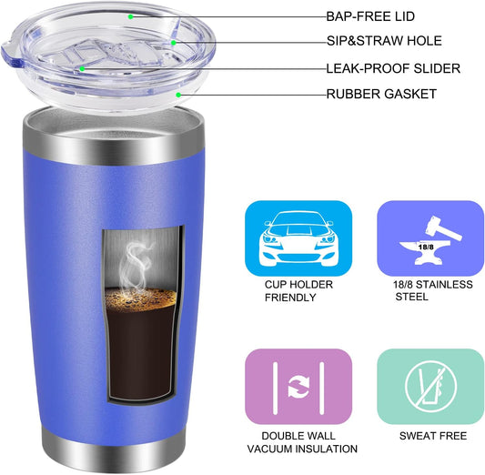 VEGOND 20oz Tumbler with Lid and Straw Stainless Steel Tumbler Cup Bulk Vacuum Insulated Double Wall Travel Coffee Mug Powder Coated Coffee Cup (Bluish Violet 6 Pack) - PuriLite