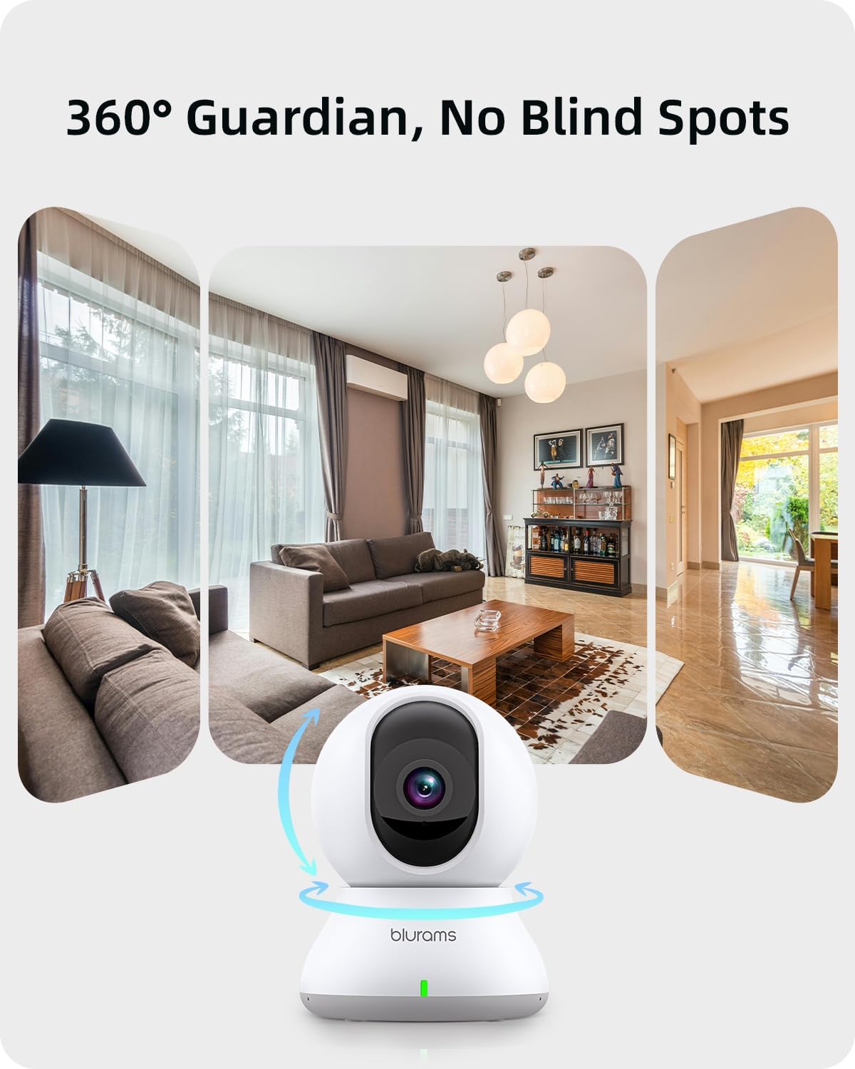 blurams Security Camera, 2K Indoor Camera 360-degree Pet Camera for Home Security w/ Motion Tracking, Phone App, 2-Way Audio, IR Night Vision, Siren, Works with Alexa & Google Assistant,White