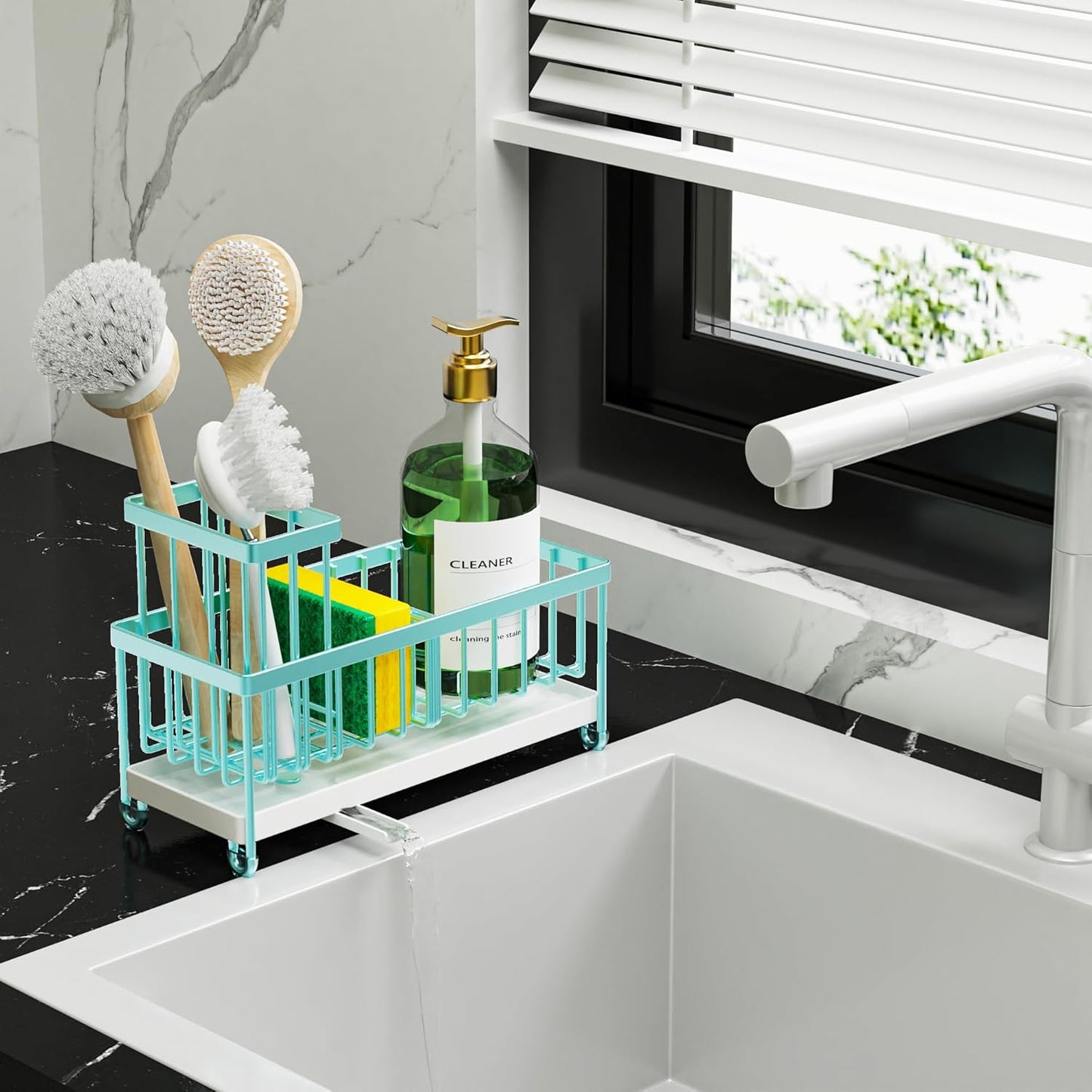 Cisily Sponge Holder for Kitchen Sink, Sink Caddy with High Brush Holder, Organzier Rustproof 304 Stainless Steel Dish Organizer Divider, Soap Dispenser Storage (Black)