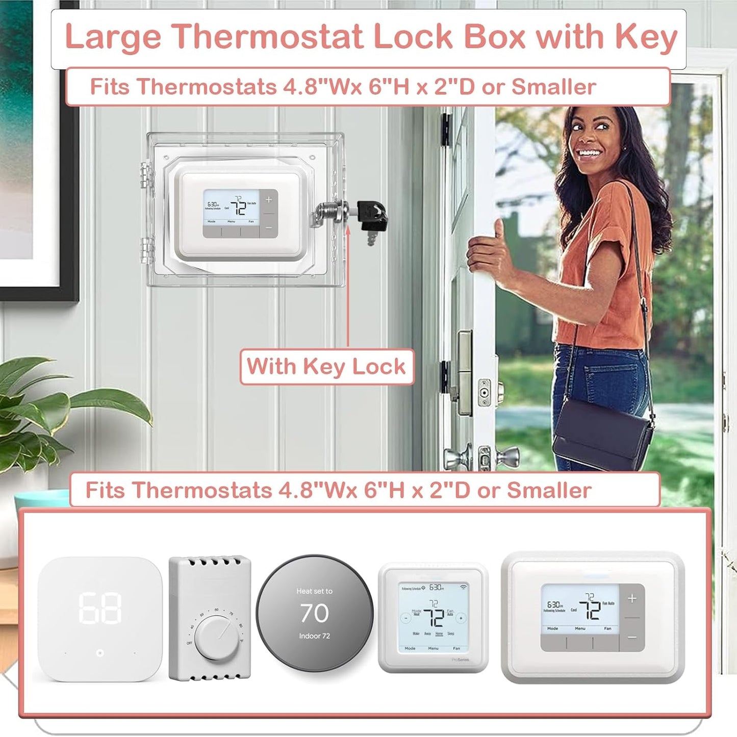 PKLIYH Universal Small Thermostat Lock Box-Thermostat Cover with Key Clear Small Thermostat Guard Fit All Ecobee,Google,Nest Thermostat on Wall 4.72''*4.72''*2'' or Smaller