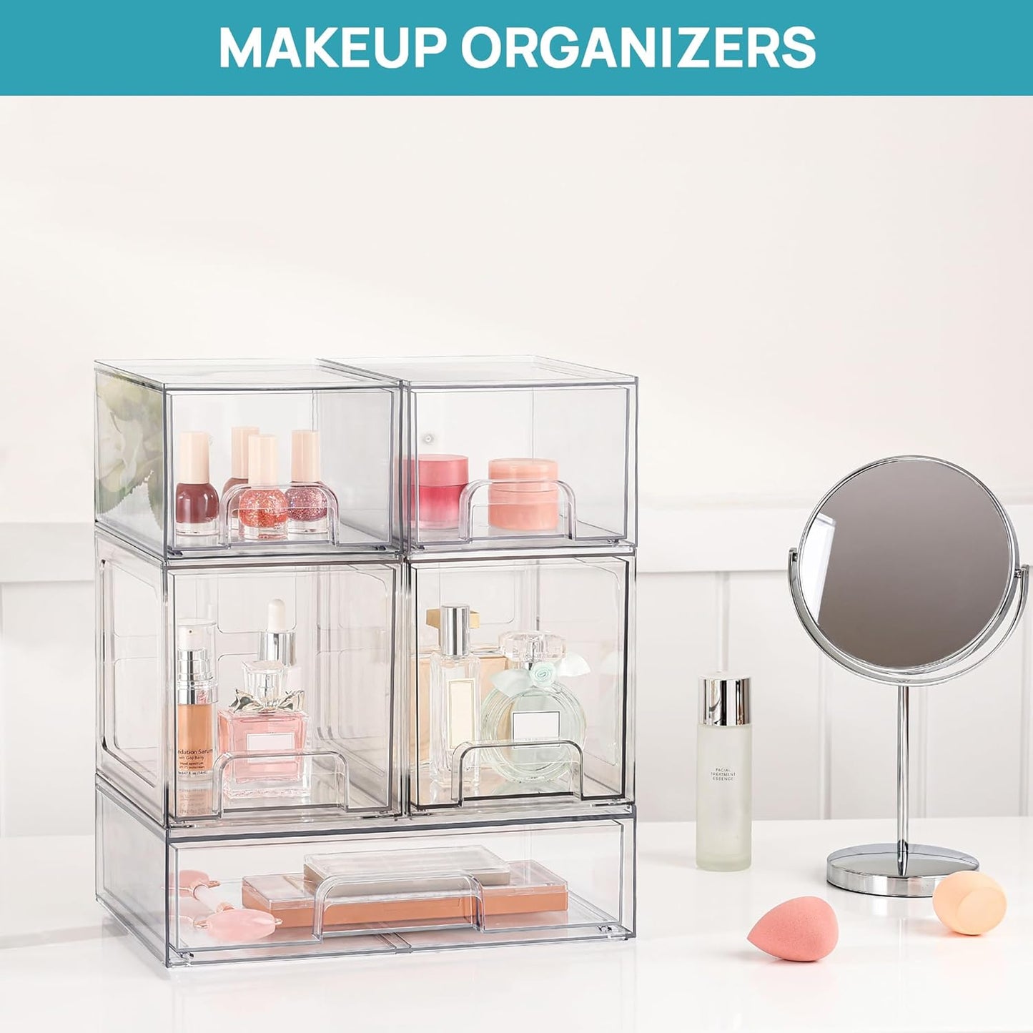 Vtopmart 3 Pack Stackable Clear Plastic Drawer Organizer, Makeup Organizers and Storage for Eyeshadow Palettes, Cosmetics, Beauty Supplies, Ideal for Vanity, Desk, Office, Bathroom Organization