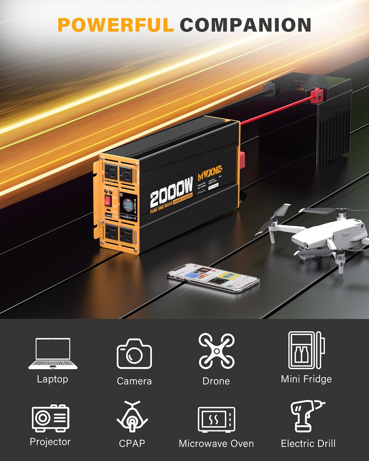 MWXNE 2000W Pure Sine Wave Inverter 12V DC to 110V 120V AC Car Converter for RV Truck Off-Grid Solar Power Inverter with 4 AC Outlets, USB/Type-C Fast Charging Ports, LCD Display, Remote Control