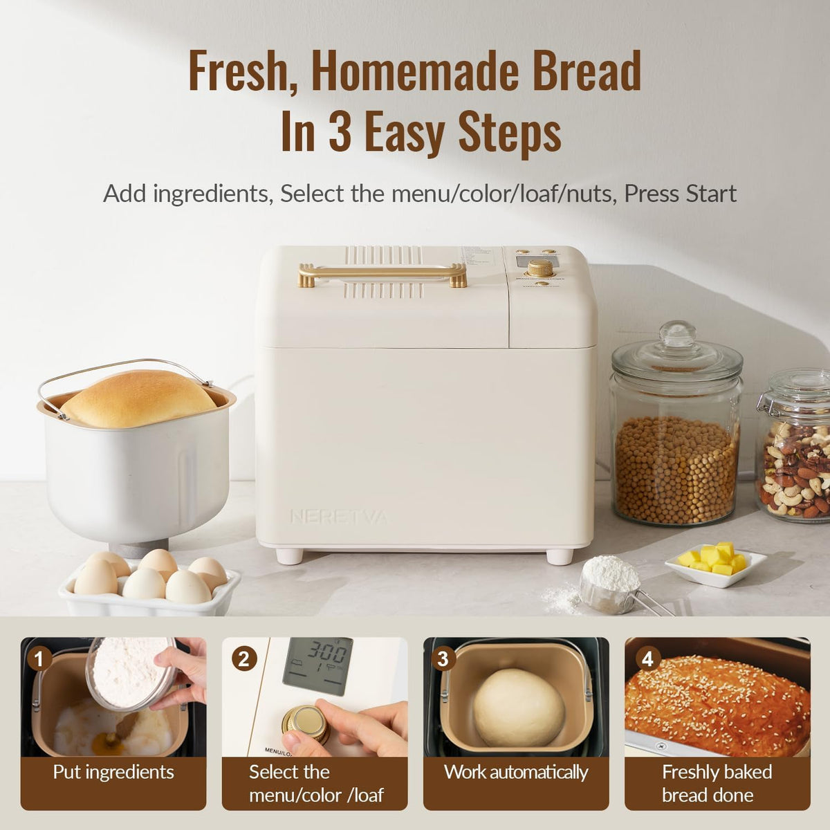 Neretva Bread Maker, 2.2LB 15-in-1 Bread Machine, Dual Heater Breadmaker Machine with Auto Nut Dispenser & Nonstick Ceramic Pan, Bread Makers Machine for Gluten Free, Dough Maker, Sourdough, Yogurt