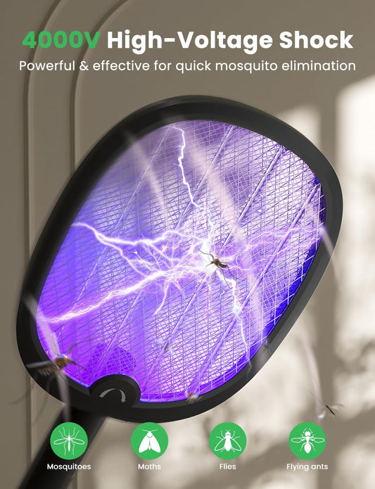 YISSVIC Bug Zapper Racket 4000 Volt Electric Fly Swatter Fly Zapper Dual Modes with Attractant Light Rechargeable Black - PuriLite