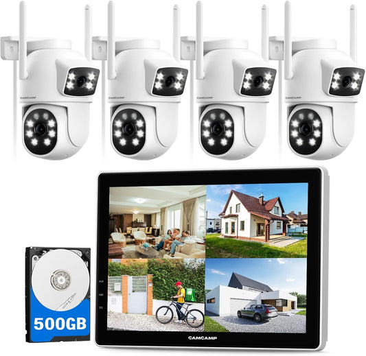 CAMCAMP Wireless Security Camera System with 10" 2K Monitor, 4Pcs 4MP Dual Lens 2.4G&5G WiFi Pro PTZ Cameras with 2-Way Audio,24/7 Record,Motion Detect,Auto Tracking,500GB HDD Storage,10CH Expandable - PuriLite
