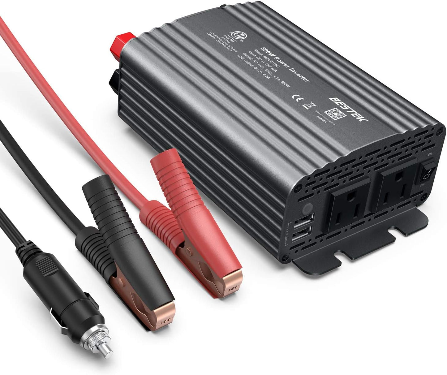 BESTEK 500W Power Inverter DC 12V to 110V AC Converter with Alligator Battery Clamp 4.8A Dual USB Car Charger ETL Listed