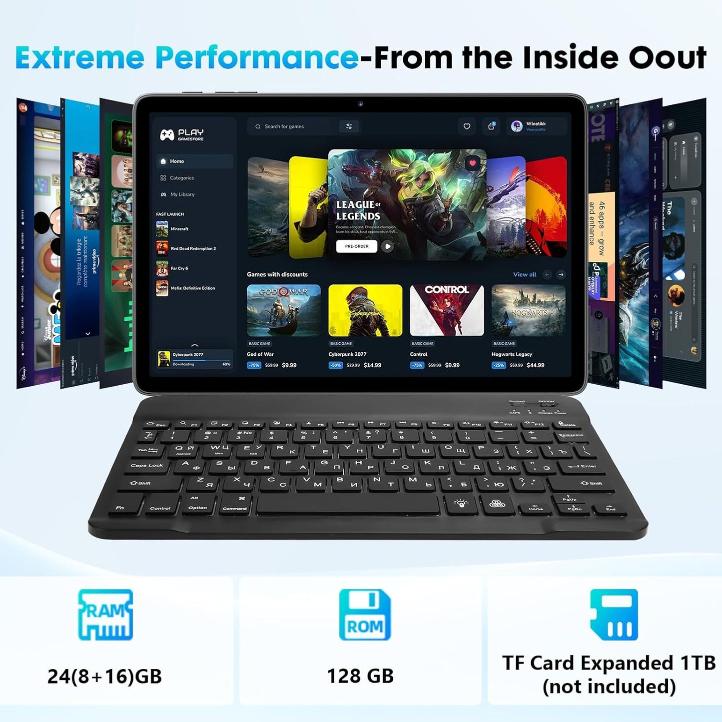 10 Inch Tablet, Android 15 Tablet with 24GB RAM + 128GB ROM (1TB Expandable), Octa-Core, 1280x800 IPS HD Touchscreen, 5MP+8MP Dual Camera, 6000mAh, Tablet with Keyboard, Mouse, Widevine L1(Blue)