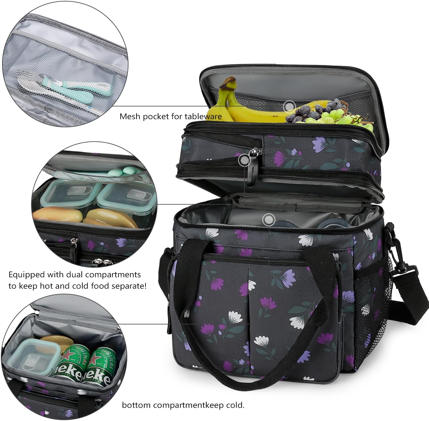 Lunch Bag Women Insulated Lunch Box for Work, Purple Expandable Large Lunch Bags, Leakproof Double Deck Lunch Box Cooler Bag(Purple)