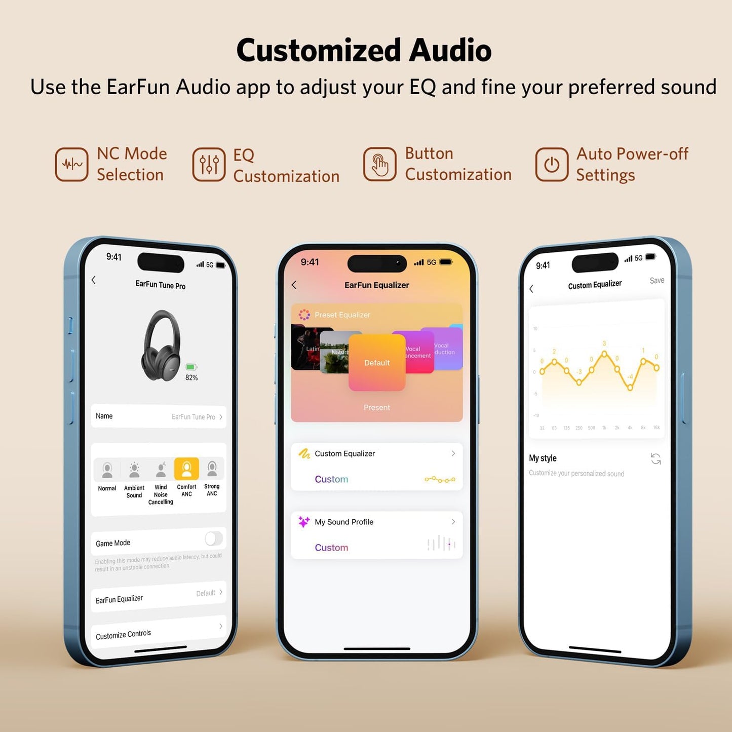 EarFun Tune Pro Active Noise Canceling Headphones, Wireless Bluetooth 5.4 Headphones with 5 Mics, 120H Playtime, Hi-Res Audio, Multipoint Connection, Custom EQ via App, Comfortable Fit