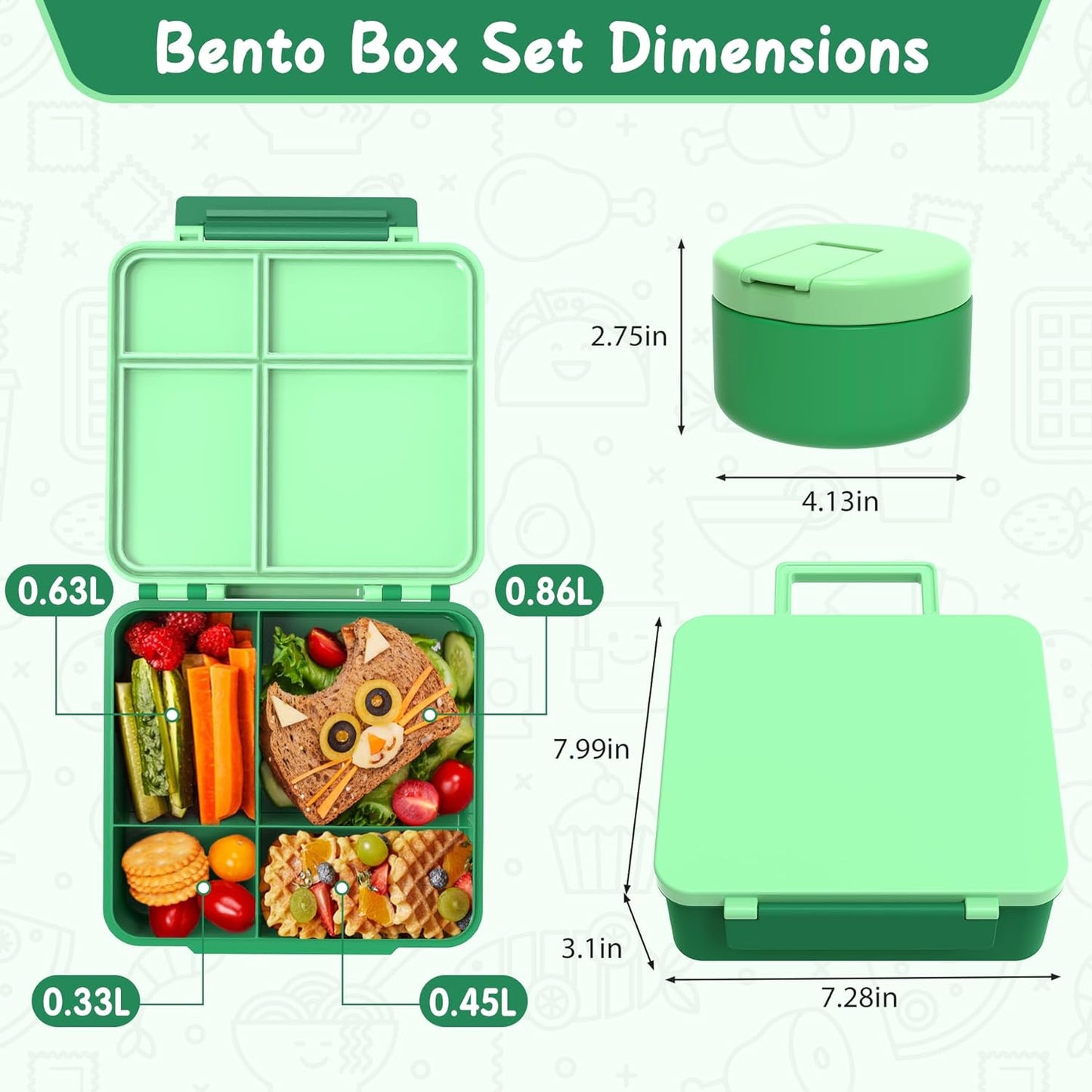 Bento Lunch Box for Kid with 7oz Soup Jar, Leak-Proof Lunch Box with Cutlery, 4-Compartments Lunch Container for School Outdoors Office