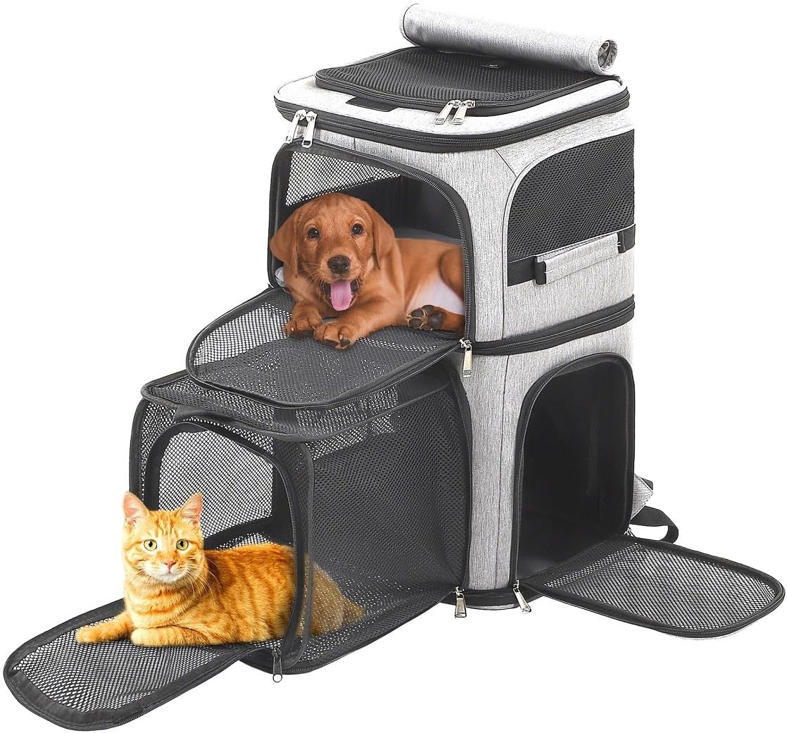 Pet Backpack Carrier Double-Compartment, Portable Pet Cat Carrier Travel for 2 Small Cats or Dogs, Breathable Large Size Cat Carrier Backpack, Perfect for Travel/Hiking/Camping/Walking Outdoor, Grey
