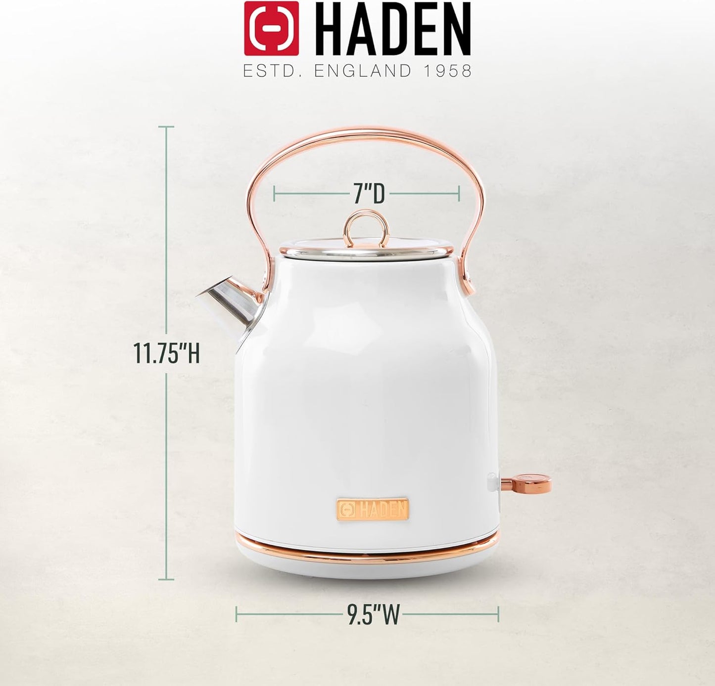 Haden 75041 Heritage 1.7 Liter (7 Cup) Stainless Steel Electric Kettle with Auto Shut-Off and Boil Dry Protection, Black/Copper