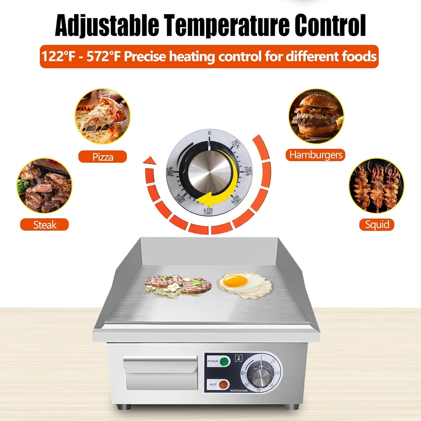 ExGizmo 22" Commercial Electric Griddle,Electric Countertop Flat Top Griddle,110V 1600W Electric Flat Top Grill,Non-Stick Restaurant Teppanyaki Stainless Steel Grill,Adjustable Temperature Control