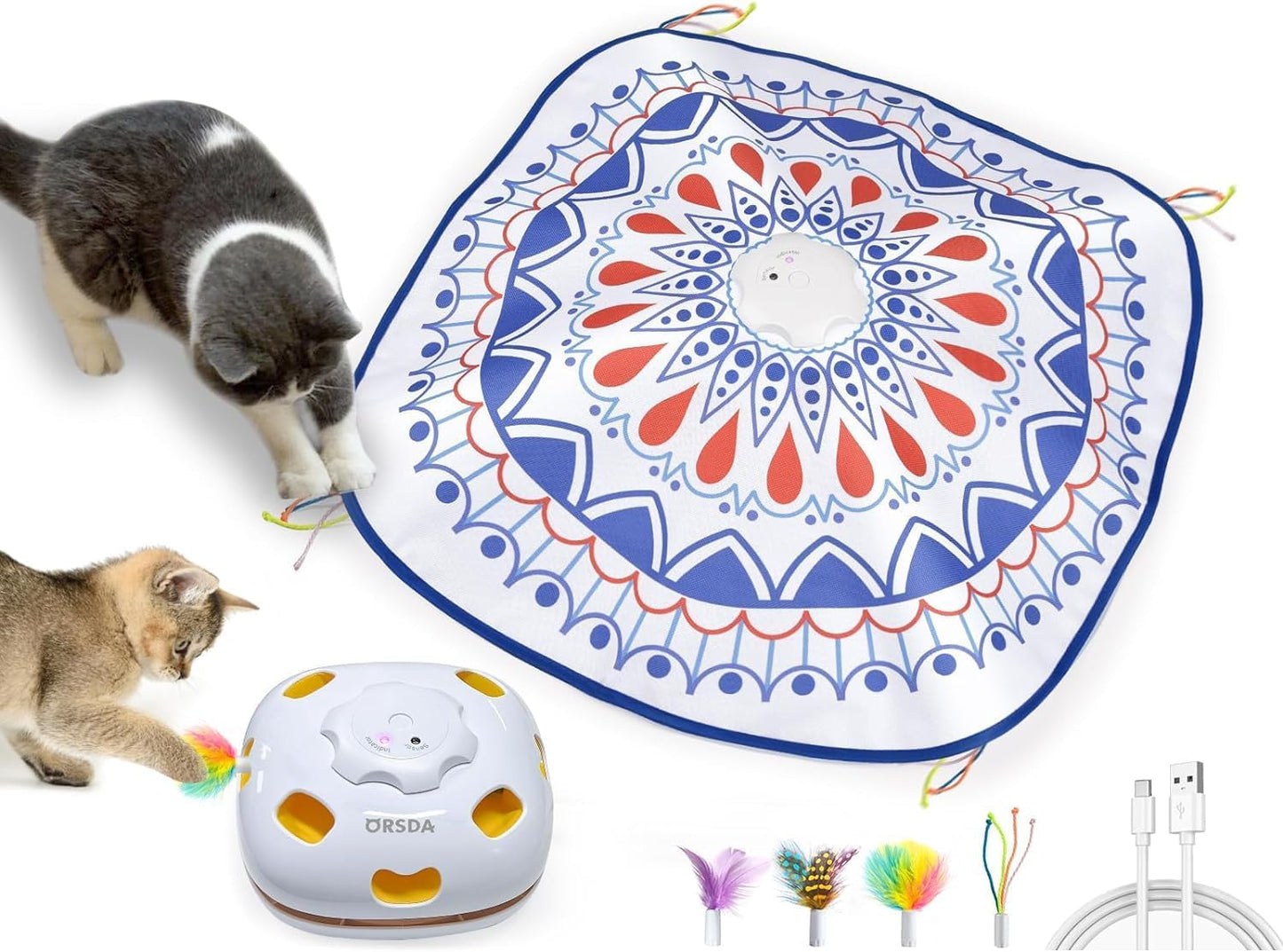 ORSDA Cat Toys Interactive, 4 in 1 Automatic Cat Toy, Hide and Seek, Whack a Mole, Magic Wand, Chasing Feather, with 4 Replacements, USB Rechargeable, for All Breed Sizes